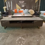 Textured Dark Panel TV Stand with White Marble Top and Open Center Shelves